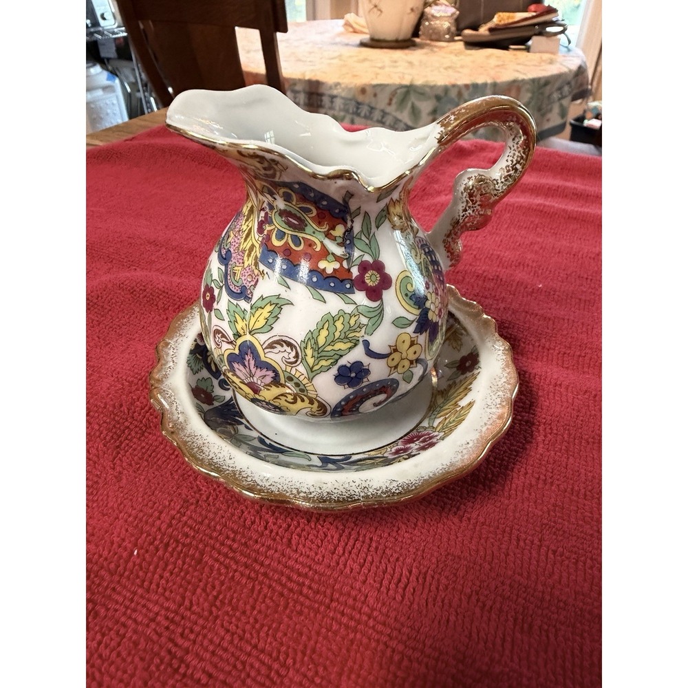 Vintage Japan Creamer & Saucer 6806 Paisley Floral Tobacco Leaf Gold Trim 4"
